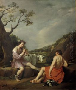 Mercury lulls Argus into sleep by making music by Hendrick Bloemaert