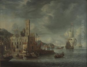 Gefantaseerd havengezicht met de Sint Mariakerk te Utrecht