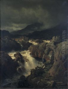 Rotslandschap met waterval in Noorwegen by Andreas Achenbach