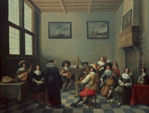 Musical company in an interior by Joost Cornelisz Droochsloot