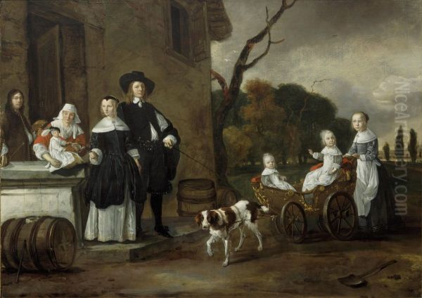 Family portrait, possibly of Cornelis van Wijckersloot, Maria Dibbout, their children and a wet nurse, with a self portrait of the artist - view 1