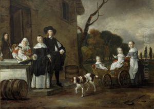 Family portrait, possibly of Cornelis van Wijckersloot, Maria Dibbout, their children and a wet nurse, with a self portrait of the artist