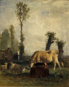 Vaches et moutons au paysage by Constant Troyon