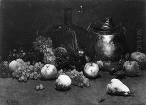 Stilleben mit Kessel, Flasche und Fruchten by Antoine Vollon