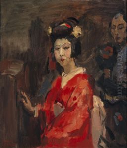 Japanese woman in a red kimono by Isaac Lazarus Israels