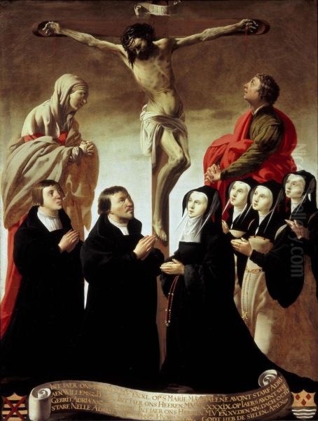 Christus aan het kruis met Maria en Johannes ter weerszijden, aanbeden door Adriaen Willemsz. Ploos (....-1540) en zijn familie - view 1