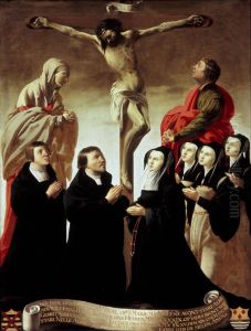 Christus aan het kruis met Maria en Johannes ter weerszijden, aanbeden door Adriaen Willemsz. Ploos (....-1540) en zijn familie by Hendrick Ter Brugghen