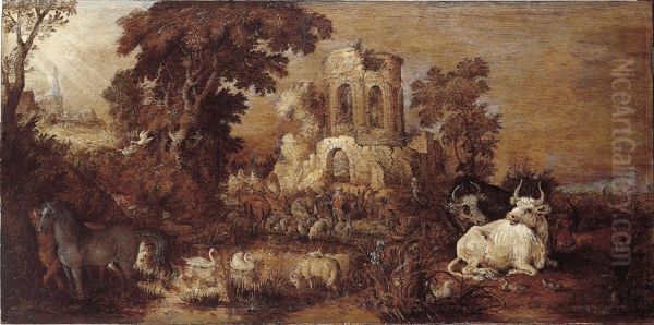 Landscape with Ruin and Cattle near a Pond - view 1