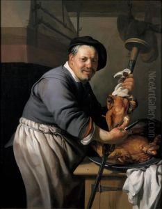 A cook preparing a grill-spit by Hendrick Bloemaert