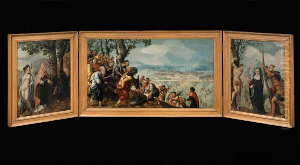 Triptych with The Entry of Christ into Jerusalem, saints and on the outside of the wings, patrons of the Van Lokhorst family - view 1