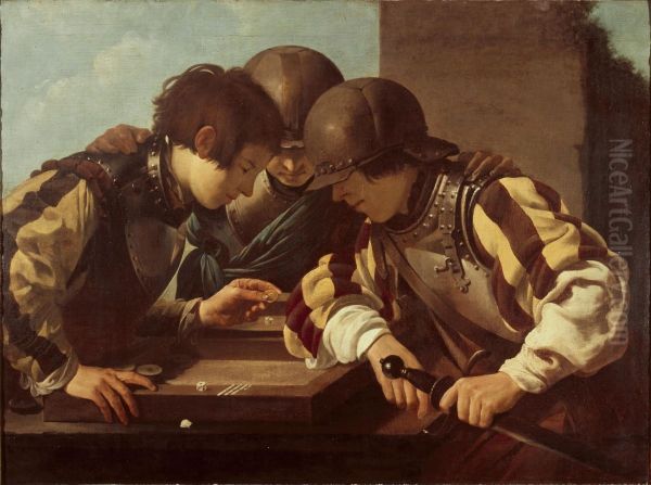 Three backgammon players - view 1
