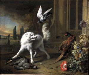 Een hond bewaakt een parelhoen