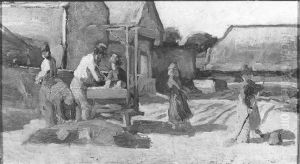 Fabrieksterrein met arbeiders by Anthon van Rappard