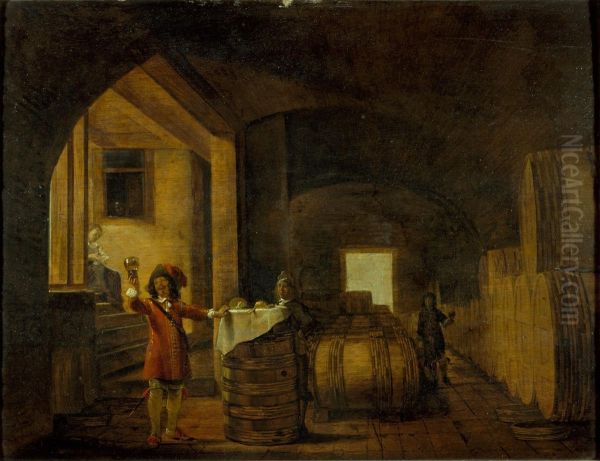 Interior of a winecellar, with a man inspecting a glass of wine - view 1