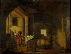 Interior of a winecellar, with a man inspecting a glass of wine by Nikolaus Knupfer