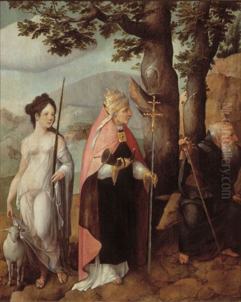 Triptych with The Entry of Christ into Jerusalem, saints and on the outside of the wings, patrons of the Van Lokhorst family - view 1
