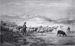 Shepherd with flock of sheep by Dirk Van Lokhorst