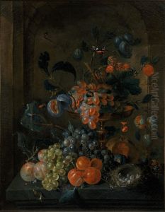 Still-life with fruit and a bird's nest in a niche by Coenraet Roepel