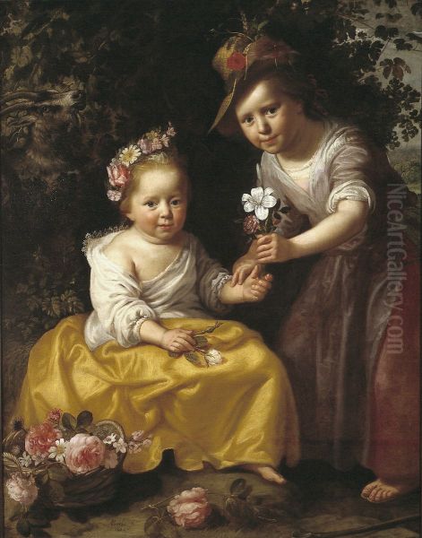 Portret van twee kinderen, een zittend, een staand rechts, in pastorale kleding, met bloemen - view 1
