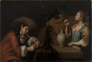 Een drinkend paar en een man die een pijp aansteekt by Johannes van Wijckersloot