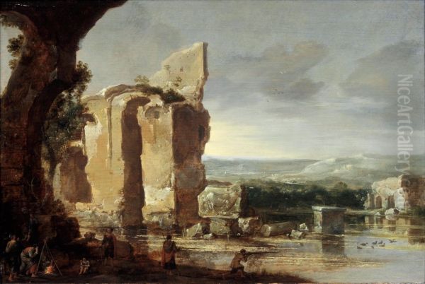 Italian landscape with ruins and duck hunters - view 1