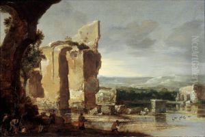 Italian landscape with ruins and duck hunters by Charles Cornelisz. de Hooch