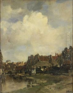 Stadsgezicht met een rivier by Jacob Maris