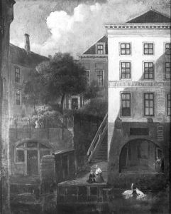 De achterzijde van enkele huizen aan de Lijnmarkt in Utrecht by Johannes Warnardus Bilders