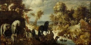 Orpheus playing the lyre in front of the animals