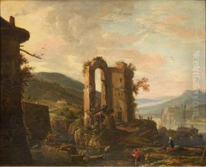 Mountain landscape with ruins near a mooring place by Herman Saftleven