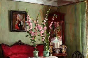 Interior of the living room in Bohdanow - Hollyhocks by Ferdynand Ruszczyc
