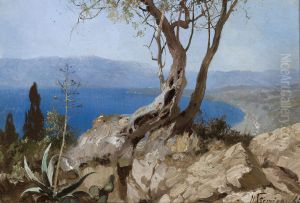 Lake view with rocky edge [Harbour view with rocky edge] by Henryk Siemiradzki
