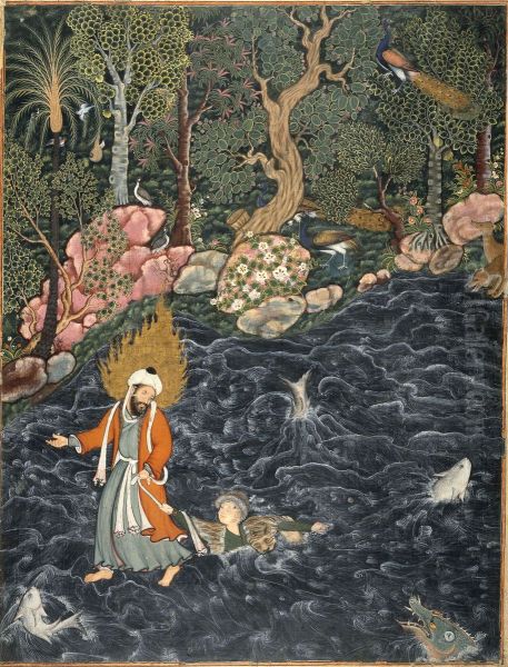 Elias and Prince Nur ad-Dahr; single-page painting on detached folio. A-side: From the Hamzanama. The prophet Elias (Elijah) rescuing Prince Nur ad-Dahr from drowning in a river. Lush forest in background and fish and sea creatures in foreground. - view 1