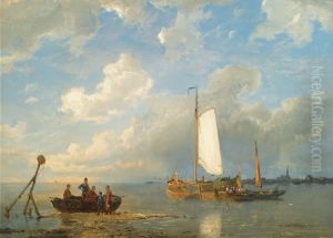 Shipping in a Dutch estuary at low tide by Pieter Cornelis Dommersen