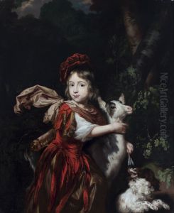 Portret van een jongen met een geit en een hond, in een landschap by Nicolaes Maes