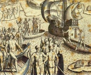 Ataque de Portugueses e Tupiniquins as Cabanas Tupinambas by Theodor de Bry