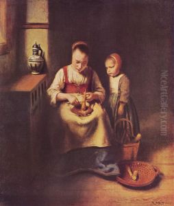 Eine Frau, Kratzen Pastinaken, mit einem Kind, stehenden von ihrem by Nicolaes Maes