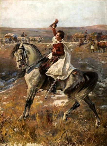 Portrait of Petofi on horseback with a line of carts in the background - view 1