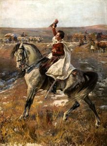 Portrait of Petofi on horseback with a line of carts in the background Portrait of Petofi on horseback with a line of carts in the background