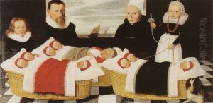 Family portrait with three cradles
