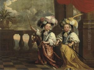 Portrait of two unknown boys dressed up as knights by Johanna Vergouwen