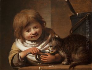 Boy feeding his Cat by Cornelis Bisschop