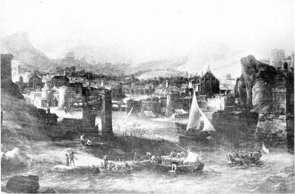 Gezicht op buitenlandse havenstad met verschillende vaartuigen; op de achtergrond een bergketen - view 1
