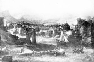 Gezicht op buitenlandse havenstad met verschillende vaartuigen; op de achtergrond een bergketen by Jan Abrahamsz Beerstraaten