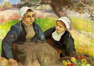 Two Breton women with a basket of apples