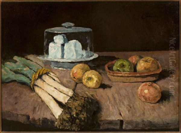 Stilleben mit Porreebundel, Kaseglocke und Apfeln - view 1