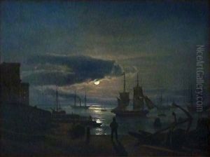 Copenhagen Harbour in Moonlight by Johan Wilhelm Ludwig Dahl
