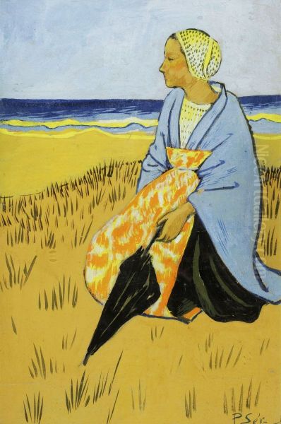 Breton woman sitting at the seashore. - view 1