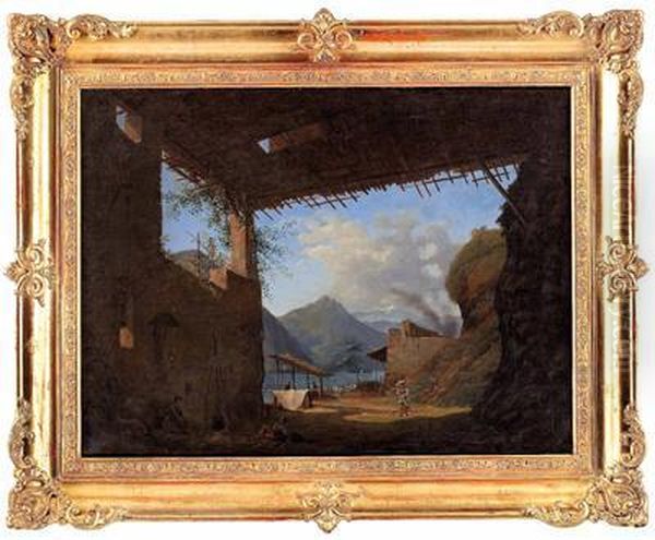 Uberdachte Ruine An Einem Felsvorsprung Mit Blick Auf Einen Oberitalienischen See Mit Figurenstaffage - view 1
