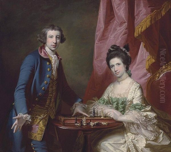 Portrait of William Earle Welby, of Denton, Lincolnshire and his first wife, Penelope, playing chess, before a draped curtain - view 1